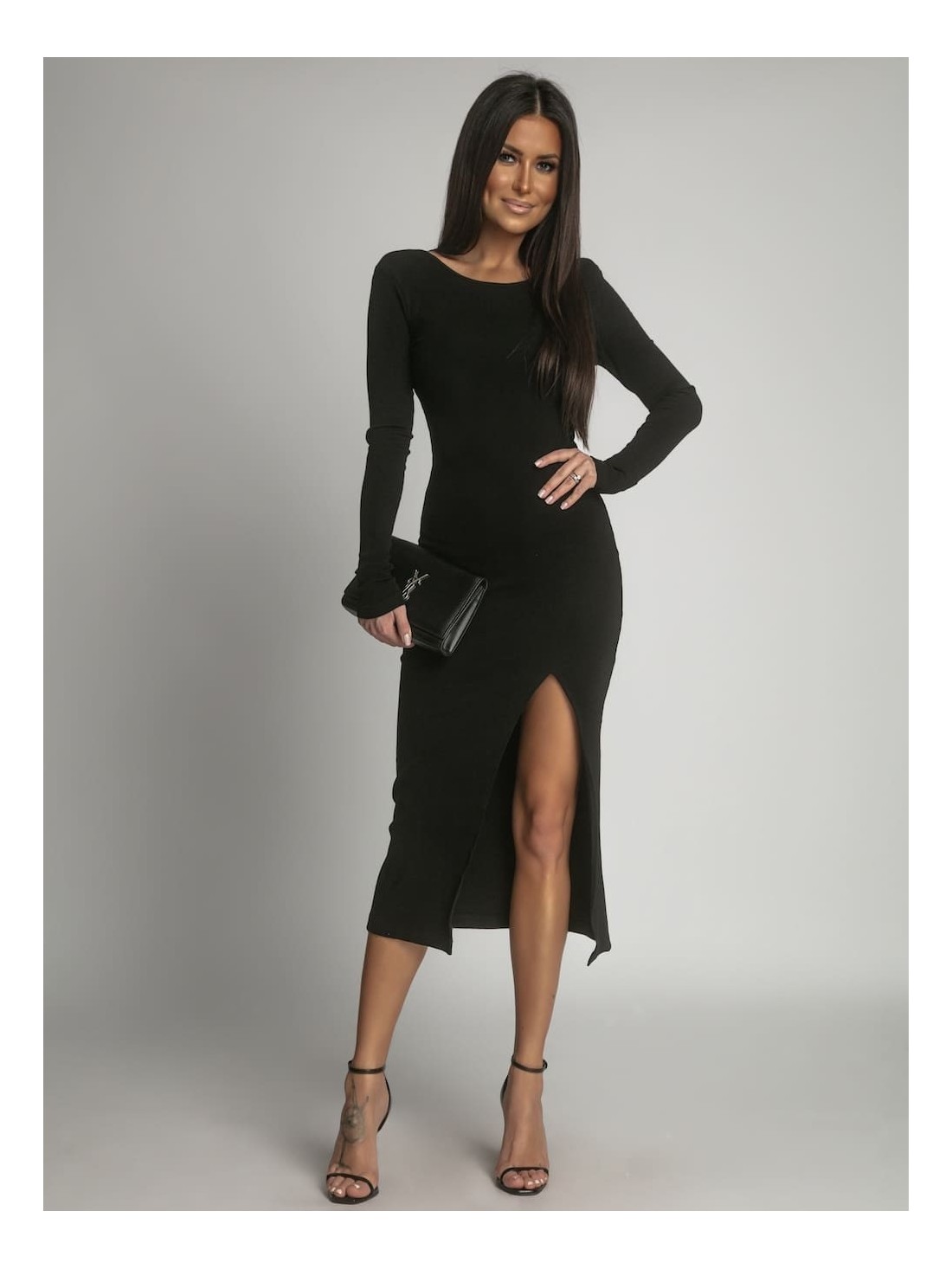 Ribbed dress with a low back, black FG673